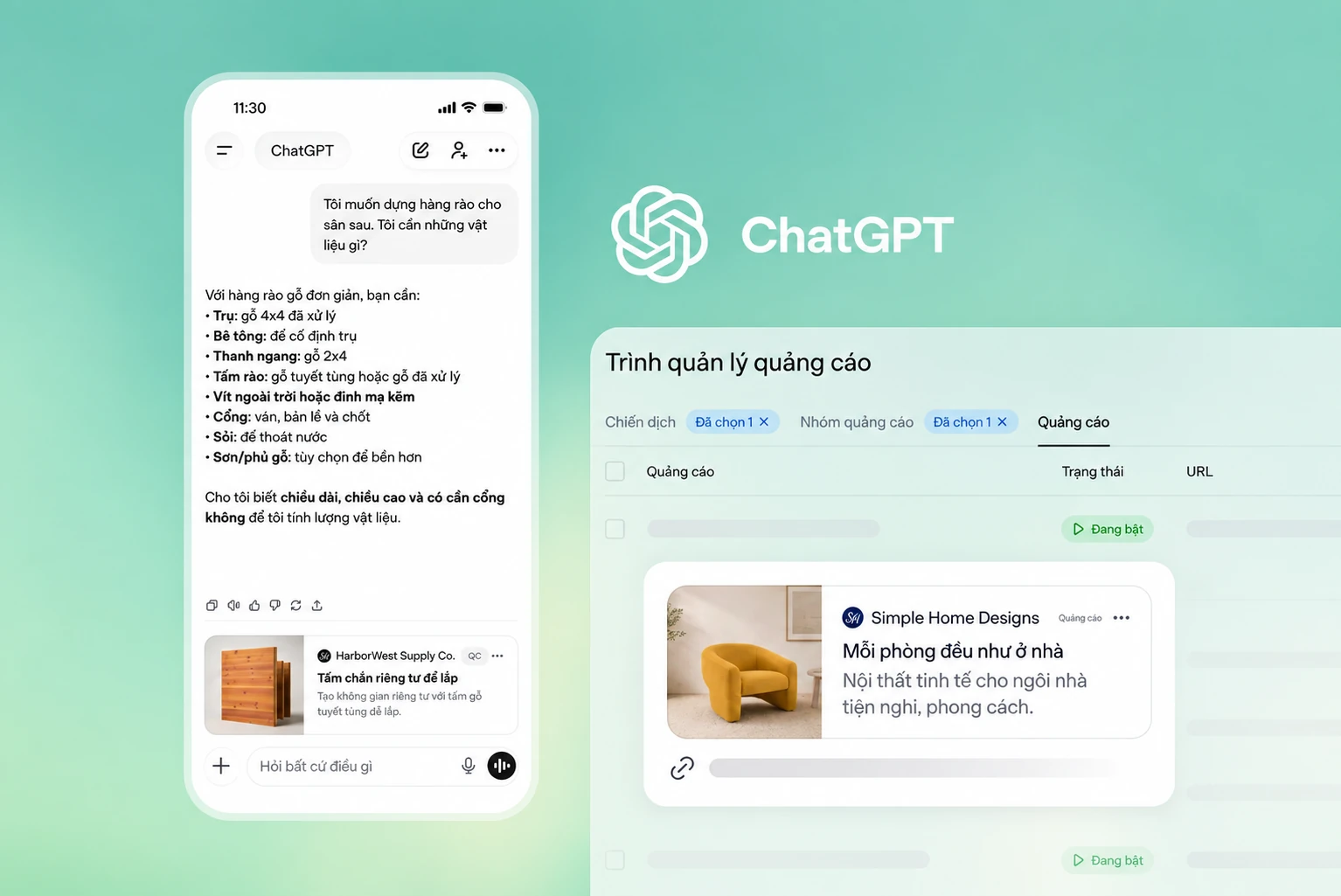Hình minh họa quảng cáo được tách khỏi câu trả lời ChatGPT và giao diện quản lý chiến dịch
