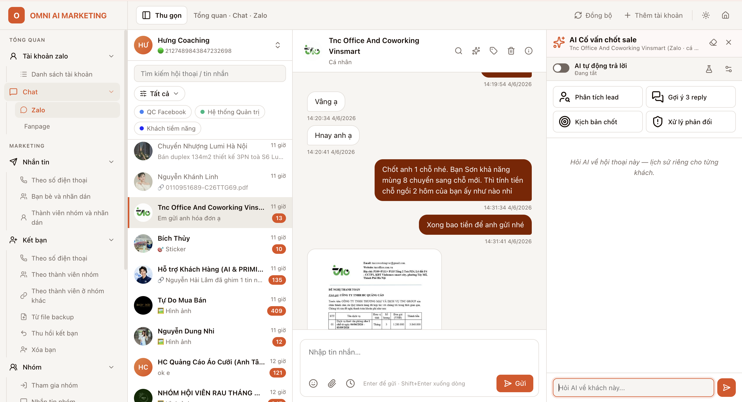 Giao diện phần mềm Omni AI Marketing quản lý chat Zalo và AI cố vấn chốt sale